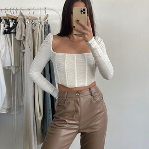 White Long Sleeve Mesh Corset Top – Sheer Bustier Crop